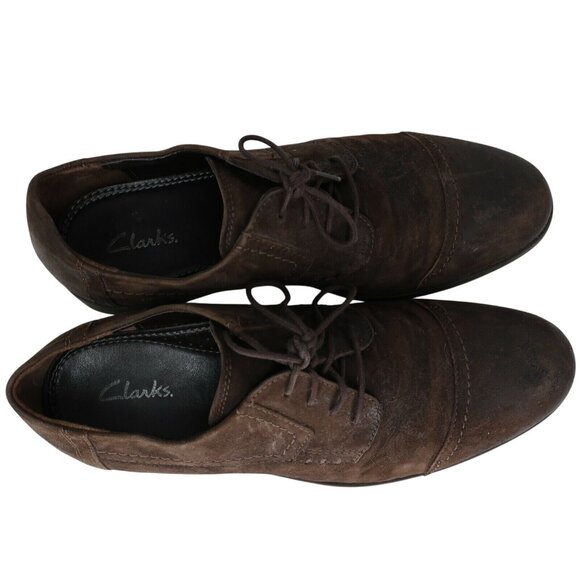 Mens Clarks Dark Brown Leather Oxfords sz 9 M Lace Up Casual Shoes Cap Toe - Picture 8 of 9
